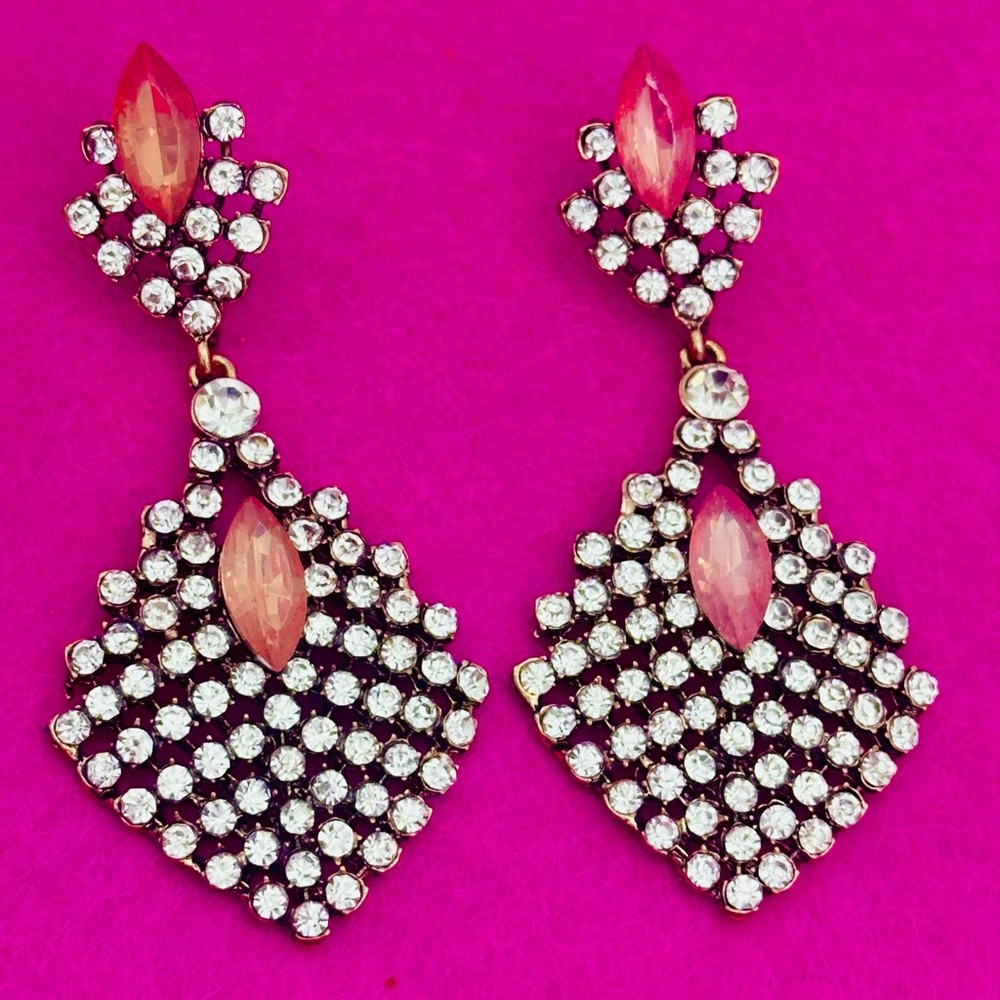 Vintage-Inspired Pink & Crystal Rhinestone Statement Drop Earrings - Picture 3 of 5